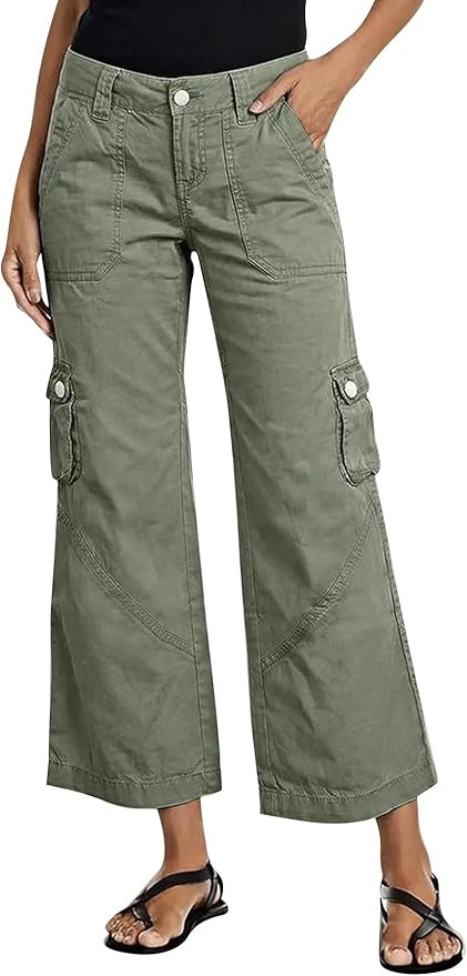 Flamingals Barrel Leg Cropped Pants for Women Mid Rise Solid Flap Pocket Stitch Detail Casual Den... | Amazon (US)