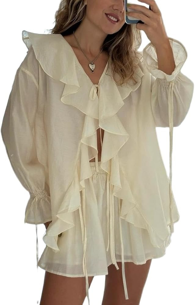 Melliflo Women's Tie Front Ruffle Blouse Top & Shorts 2 Piece Sets 2025 Casual Loose Long Sleeve ... | Amazon (US)