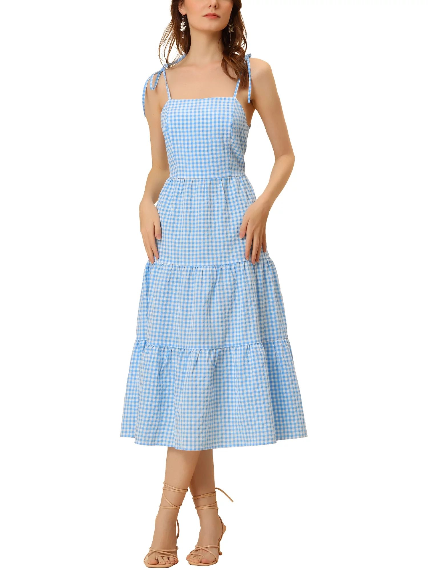 Allegra K Women's Sleeveless Tie Shoulder Plaid Gingham Tiered Flowy Midi Dress | Walmart (US)
