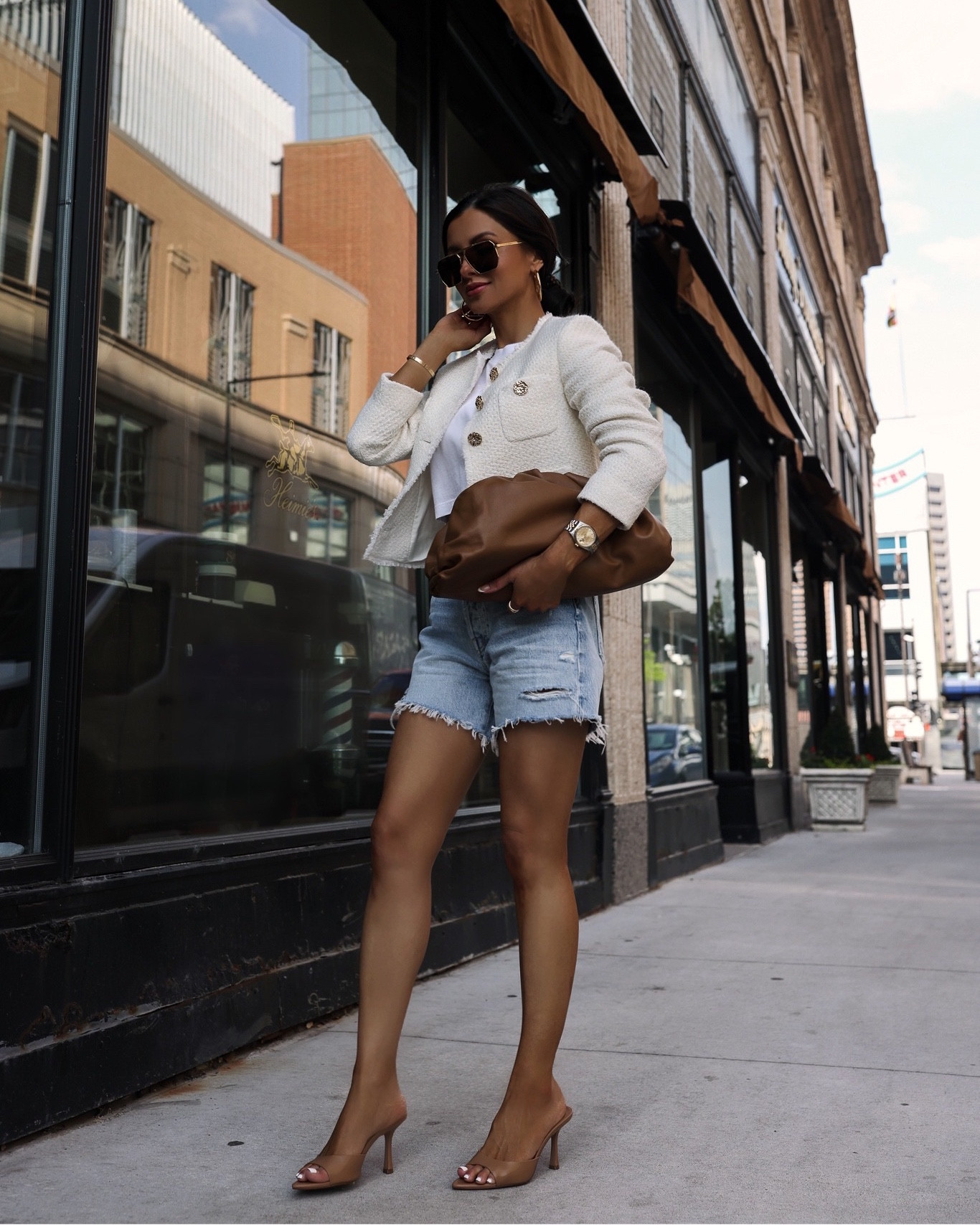 Casual summer outfit ideas
Mango tweed jacket wearing an xs
Agolde cropped tee
Agolde Parker shorts
Mango nude sandals 



#LTKunder100 #LTKstyletip #LTKsalealert