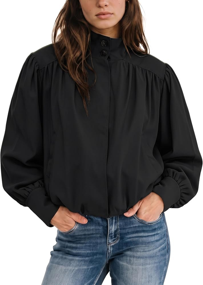 Women's Bomber Jacket Casual High Collar Button Down Pleated Coat | Amazon (US)