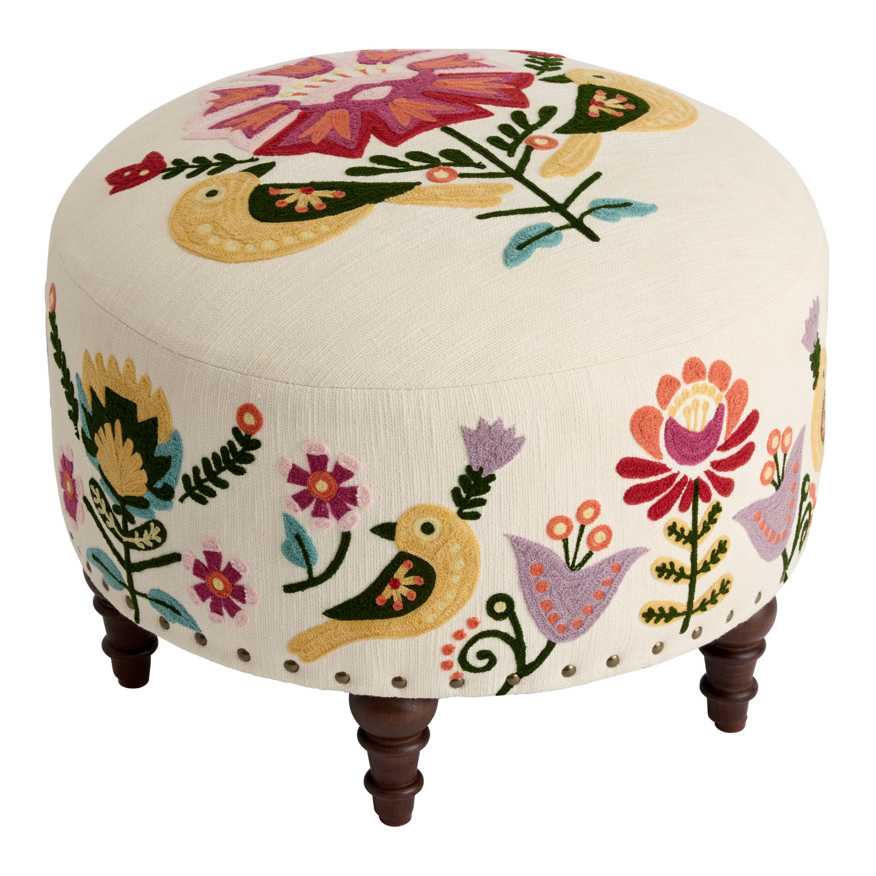 Bloomfield Ivory Cotton Embroidered Floral Turned Leg Ottoman | World Market