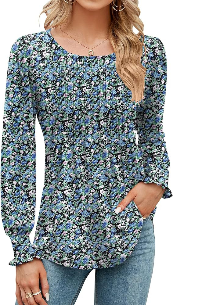 LOMON Women's Fall Puff Long/Short Sleeve Tunic Tops Pleated Crew Neck Shirts Blouses Casual Loos... | Amazon (US)