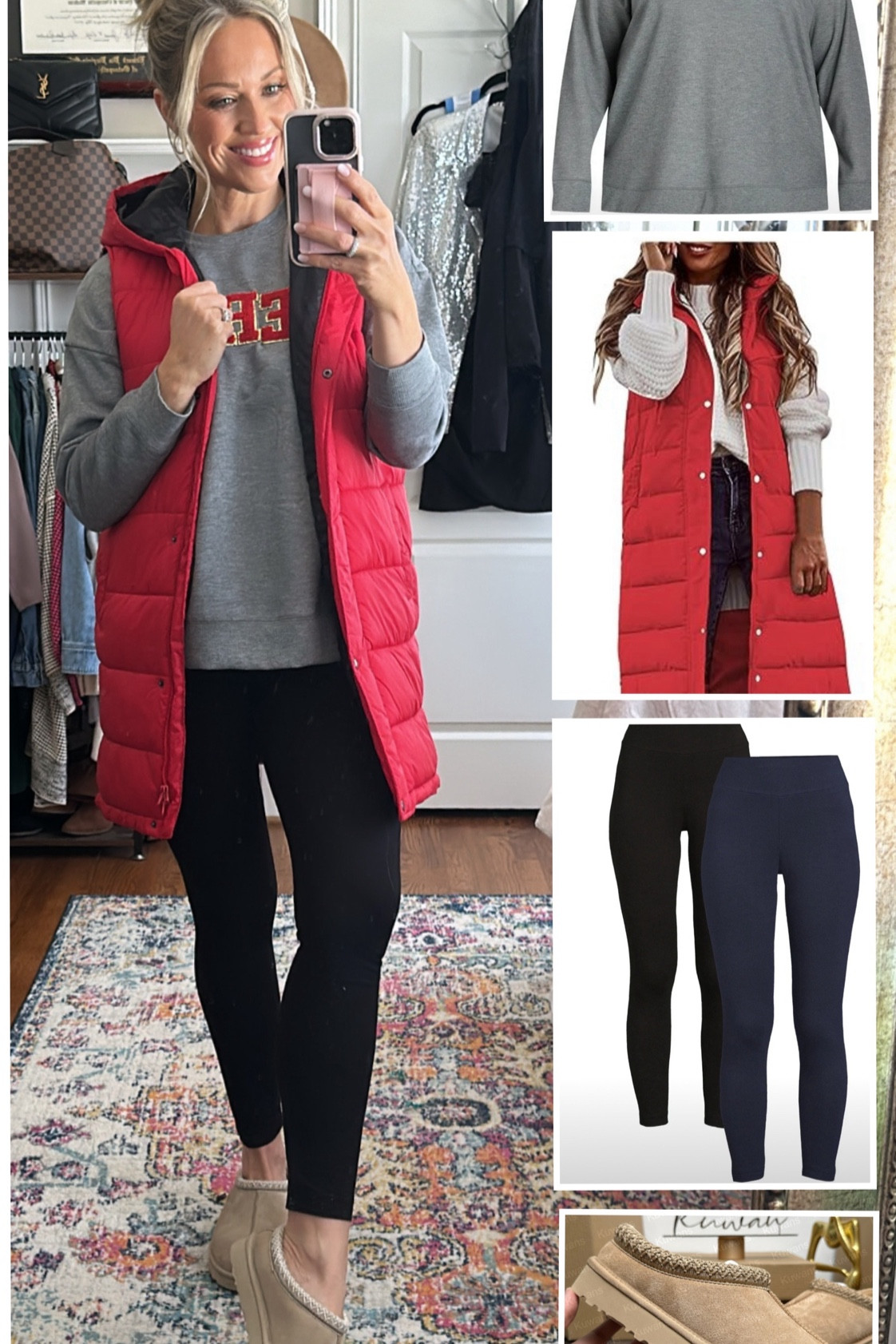 Festive on a budget!🎄 My exact vest is no longer sold - I got it on clearance years ago at Walmart. The Uggs are on point! I have the light sand color - this is the exact link I ordered from)  

#LTKHoliday #LTKOver40 #LTKFindsUnder50