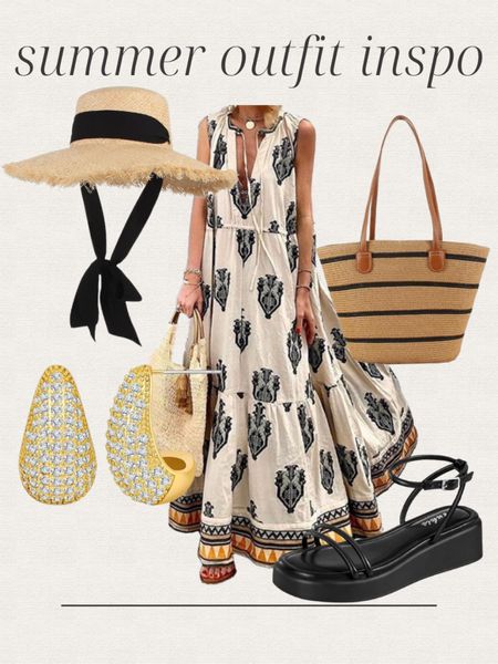 Summer date night outfit inspo, Amazon summer outfit inspo, vacation dress, maxi dress, Free People look for less, boho dress, gold earrings, handbag, tote bag, black sandals, straw hat, vacation outfits, summer outfits  

#LTKShoeCrush #LTKItBag #LTKFindsUnder50