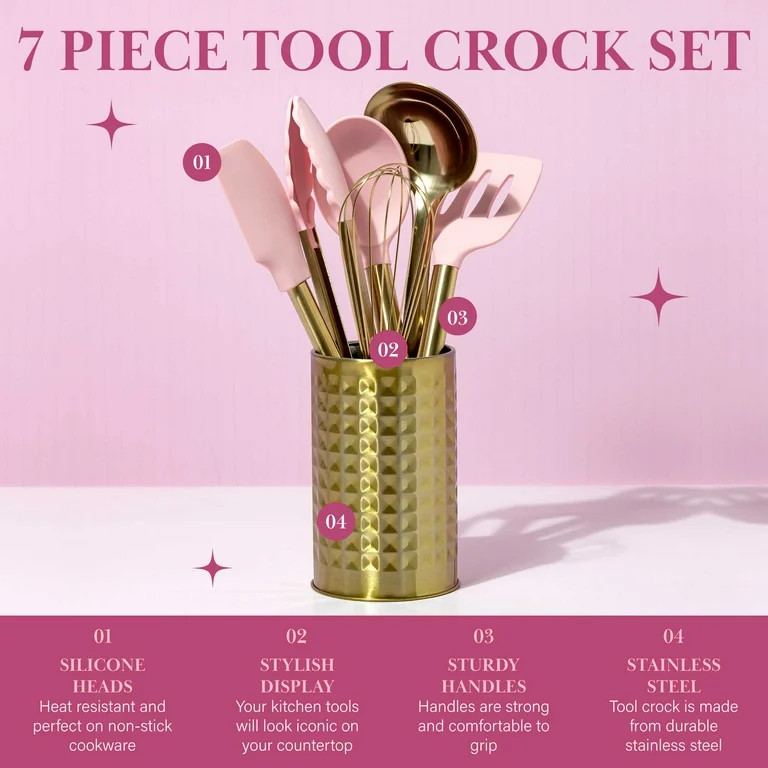 Paris Hilton 7-Piece Cooking Utensils Set, Silicone and Stainless Steel, Pink | Walmart (US)