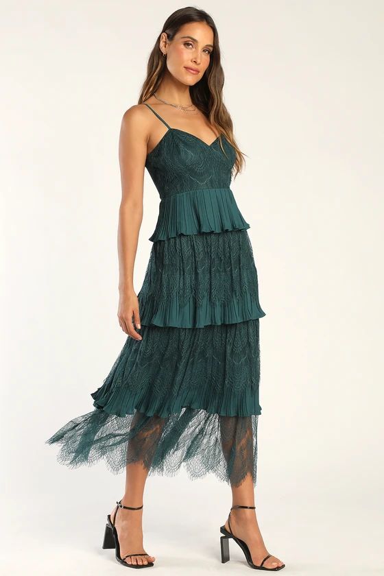 Tier For The Romance Emerald Green Tiered Lace Midi Dress | Lulus (US)