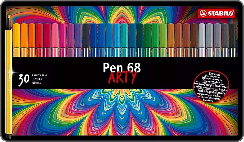 STABILO Premium Fibre-Tip Pen Pen 68 brush ARTY - Tin of 30 - Assorted  Colours