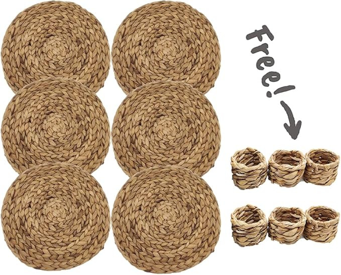 Natural Water Hyacinth Weave Round Placemat Braided Rattan Tabemats Charger Plates and Napkin Hol... | Amazon (US)