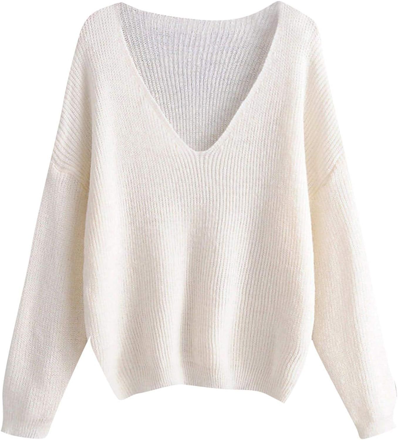 MAKEMECHIC Women's Loose V Neck Drop Shoulder Long Sleeve Jumper Sweater | Amazon (US)