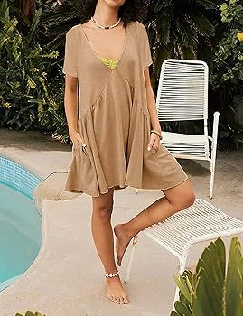 Freyhem Womens Summer Mini Dress Casual Short Sleeve Loose V Neck Swing Sundress with Pocket | Amazon (US)