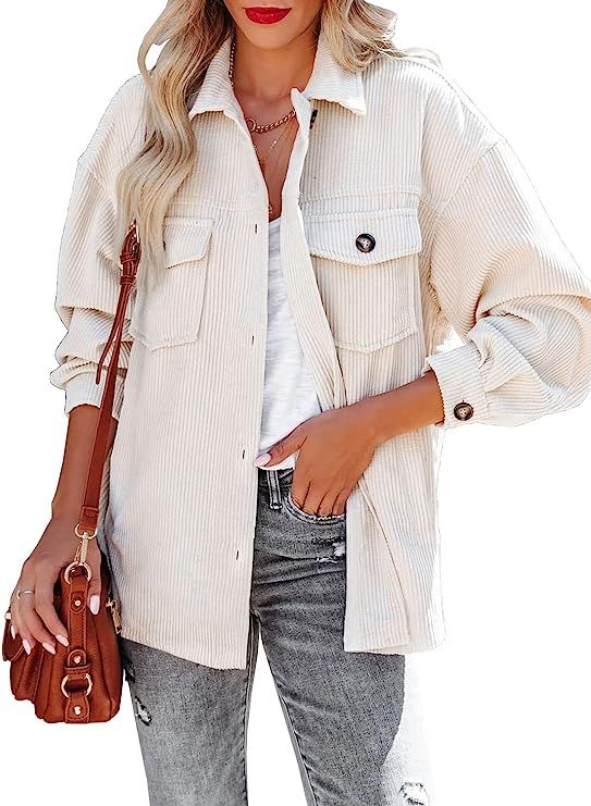 MIHOLL Womens Corduroy Jacket Shacket Long Sleeve Button Down Collared Shirt Top | Amazon (US)