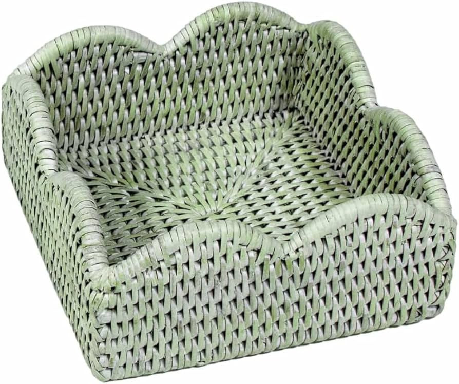 Caspari Rattan Scalloped Cocktail Napkin Holder – Green, Handwoven, Durable 6"W x 6"L x 2.5"H ... | Amazon (US)