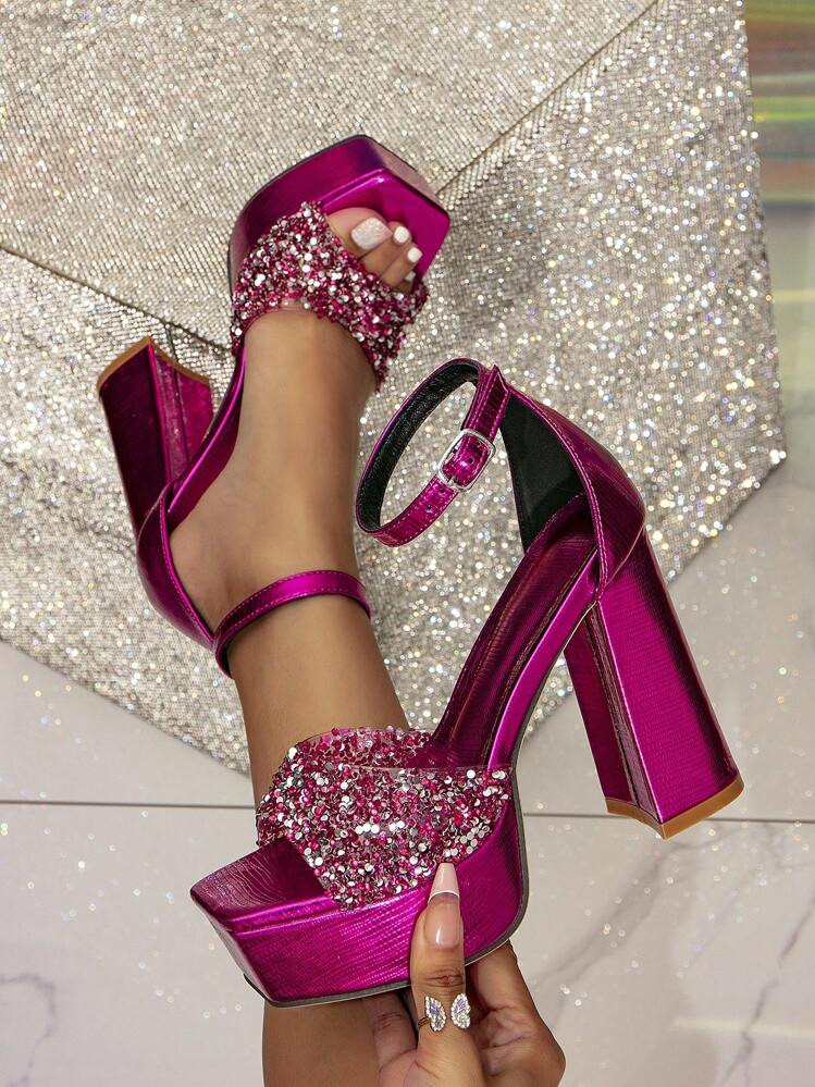 Women's New Fashionable Sparkling Fuchsia High Heels, Square Toe Thick Strap Party Formal Dress Shoes, Platform Pumps | SHEIN