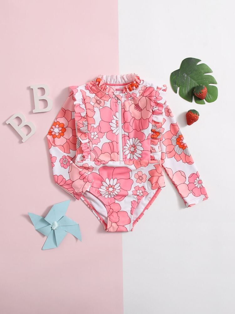 Baby Floral Print Ruffle Trim Half Zip One Piece Swimsuit | SHEIN