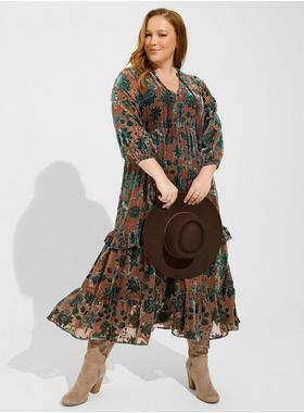 Tea Length Velvet Burnout Ruffle Dress | Torrid (US & Canada)