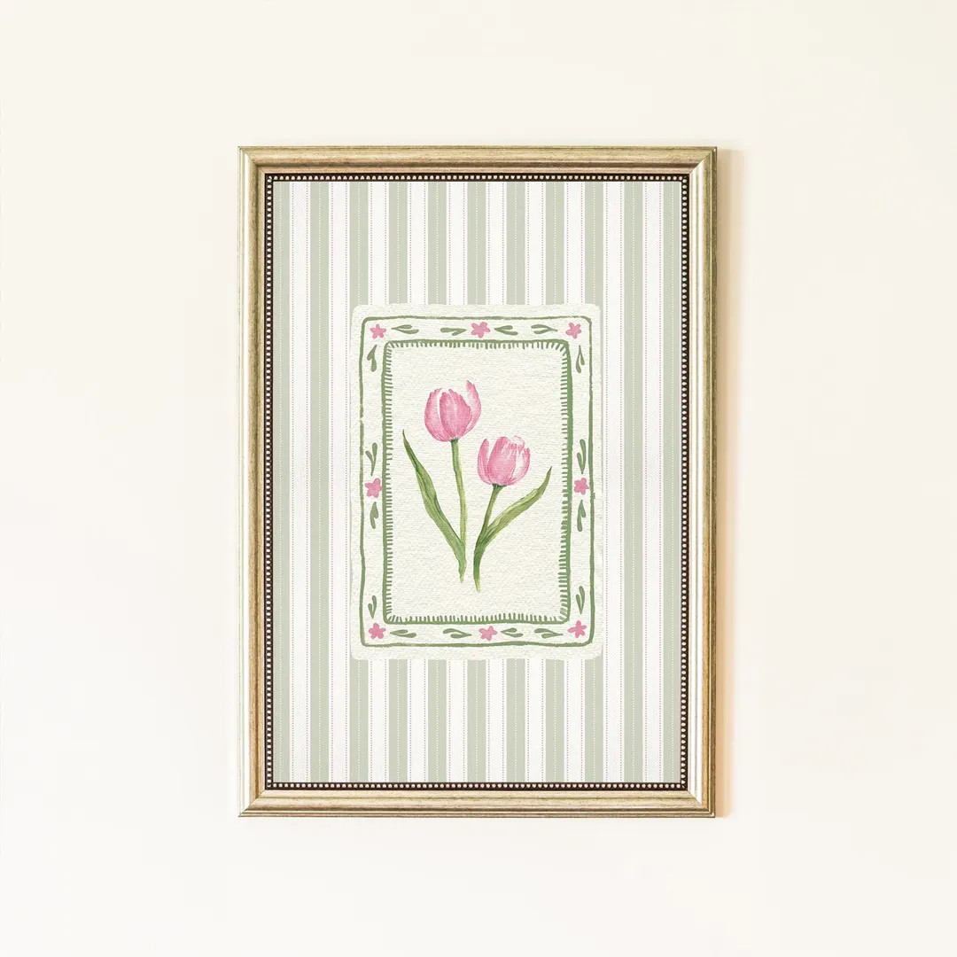 Pink Tulip Green Stripe Wall Art, Vintage Cottagecore Watercolor Floral Printable, Grandmillennia... | Etsy (US)