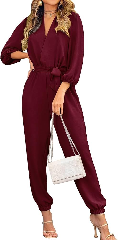 PRETTYGARDEN Women's 2023 Fall Jumpsuits Casual Dressy One Piece Outfits V Neck Long Sleeve Belt ... | Amazon (US)