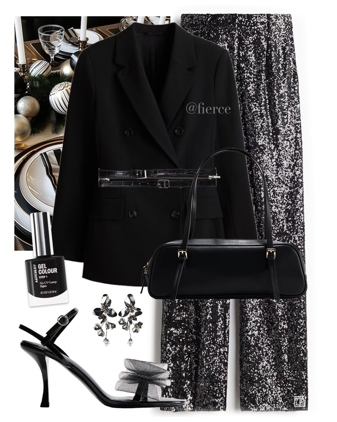 Silver and black sequin trousers black blazer black multi strap belt black bow heeled sandals black bowling bag Christmas party outfit 

#LTKeurope #LTKuk #LTKfestive