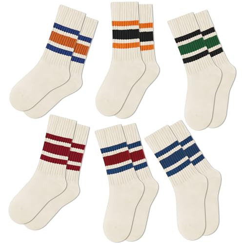SEEKSOCK Crew Socks for Women Striped Retro Calf Colorful Cotton Slouch Scrunch Socks, A3-6 Pairs Deep Multicolor | Amazon (US)