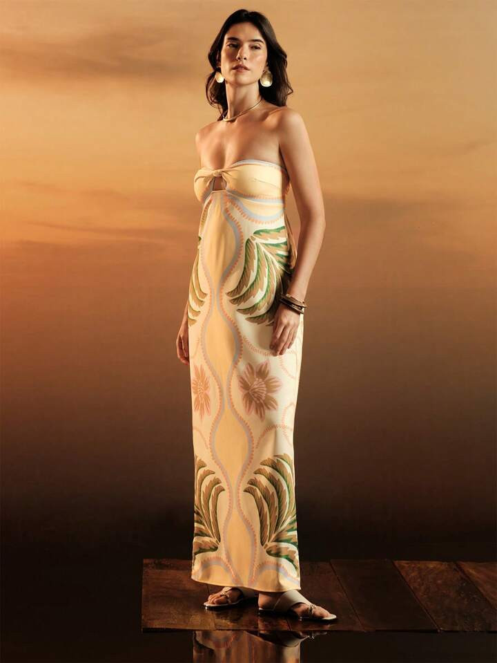 CAJUNI Women's Boho Tropical Print Sleeveless Hollow Out Tied Back Maxi Beach Summer Dress | SHEIN