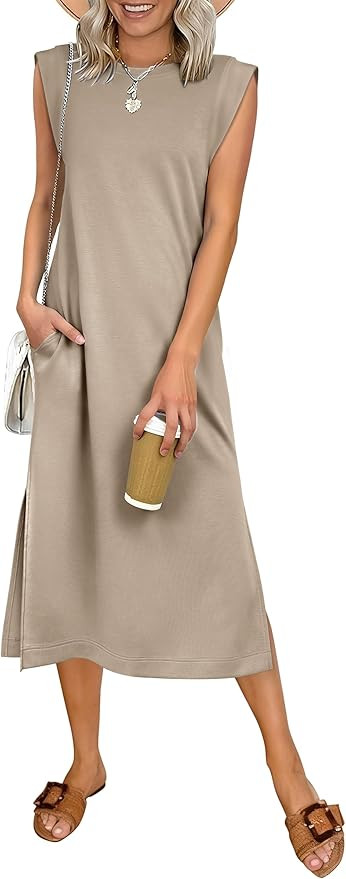 ANRABESS Womens Summer Casual Midi Dress Sleeveless Crewneck Loose Split Wrinkle-Free Beach Trave... | Amazon (US)