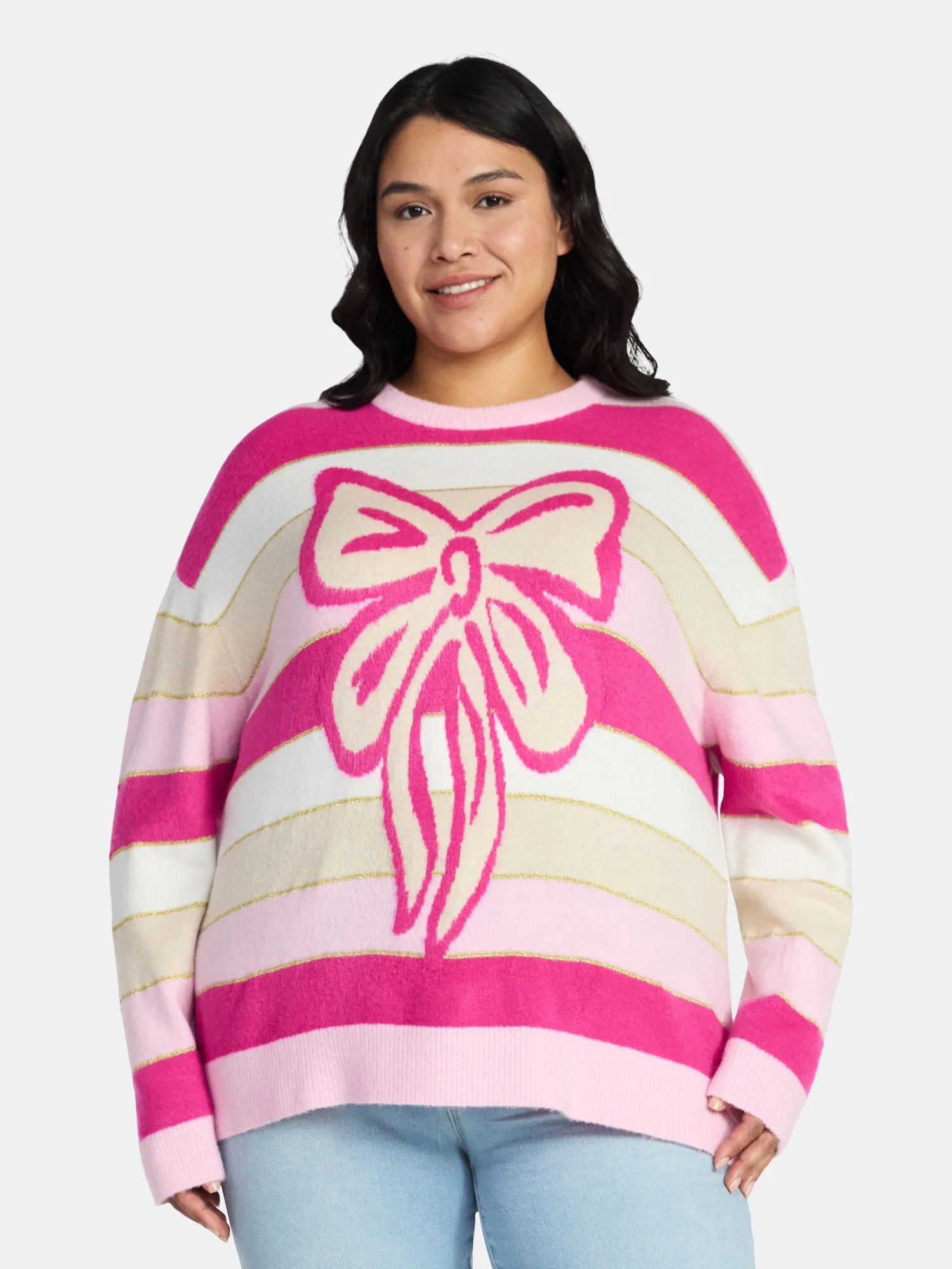 99 Jane Street Women's and Women's Plus Striped Sweater with Bow Design, Midweight, Sizes XS-4X | Walmart (US)