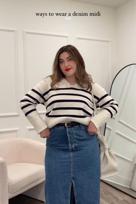 How to style a denim midi skirt with a striped sweater. Wearing Rolla’s denim from Nordstrom! The fit is TTS and has a little stretch. 

#LTKstyletip #LTKworkwear #LTKmidsize