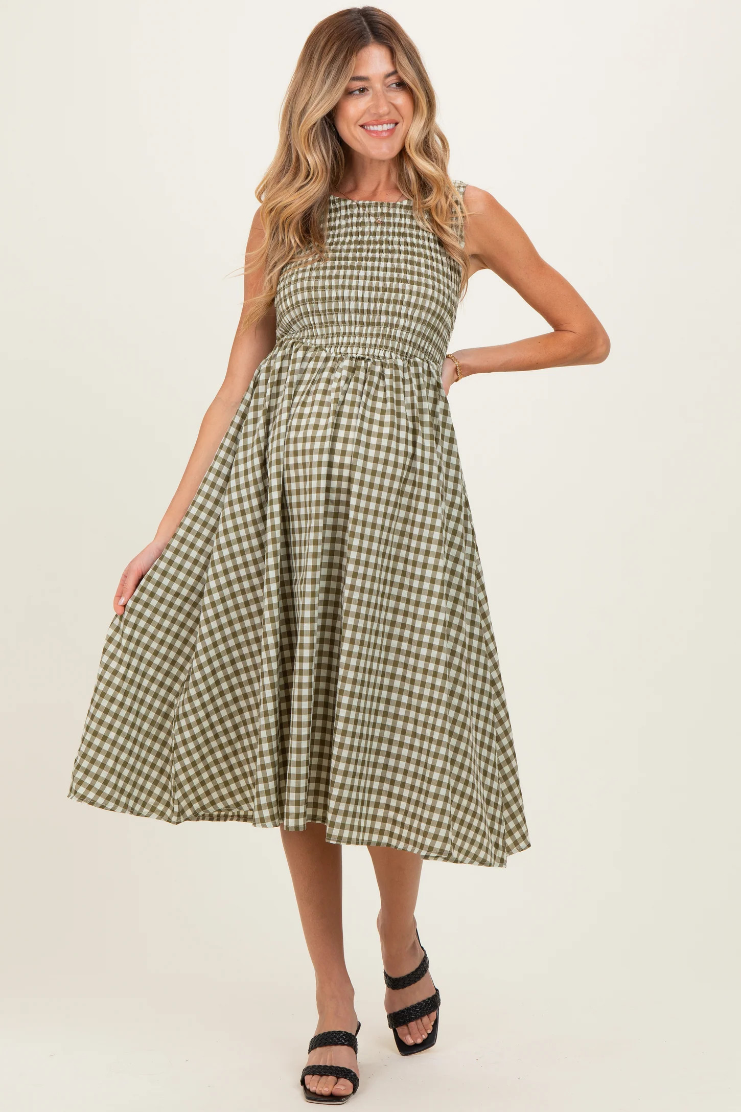Olive Gingham Smocked Sleeveless Maternity Midi Dress | PinkBlush Maternity