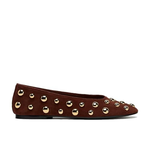 MAIJED Square Toe Ballet Flats for Women Slip On Studded Ballerina Flat Shoes Casula Comfortable Dressy Flat Mary Jane Suede Burgundy US10.5 | Amazon (US)