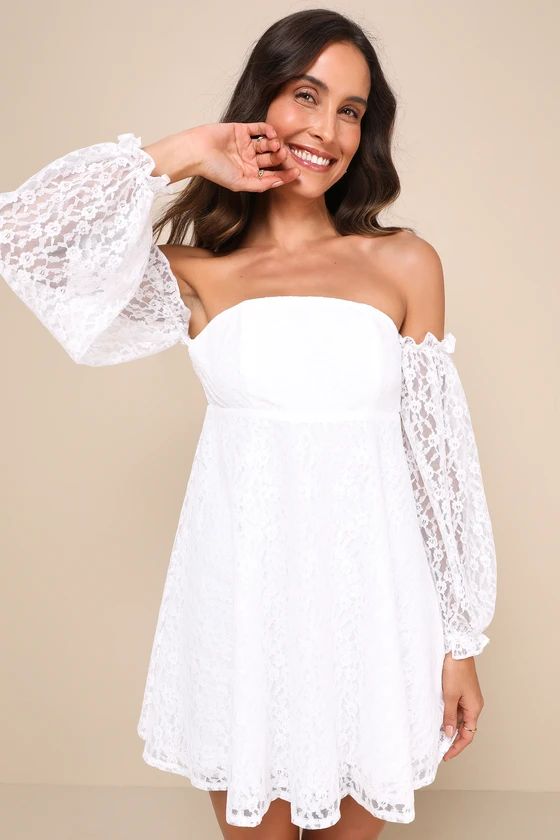 White Lace Long Sleeve Off-the-Shoulder Mini Dress | White Dress With Sleeves  | Lulus