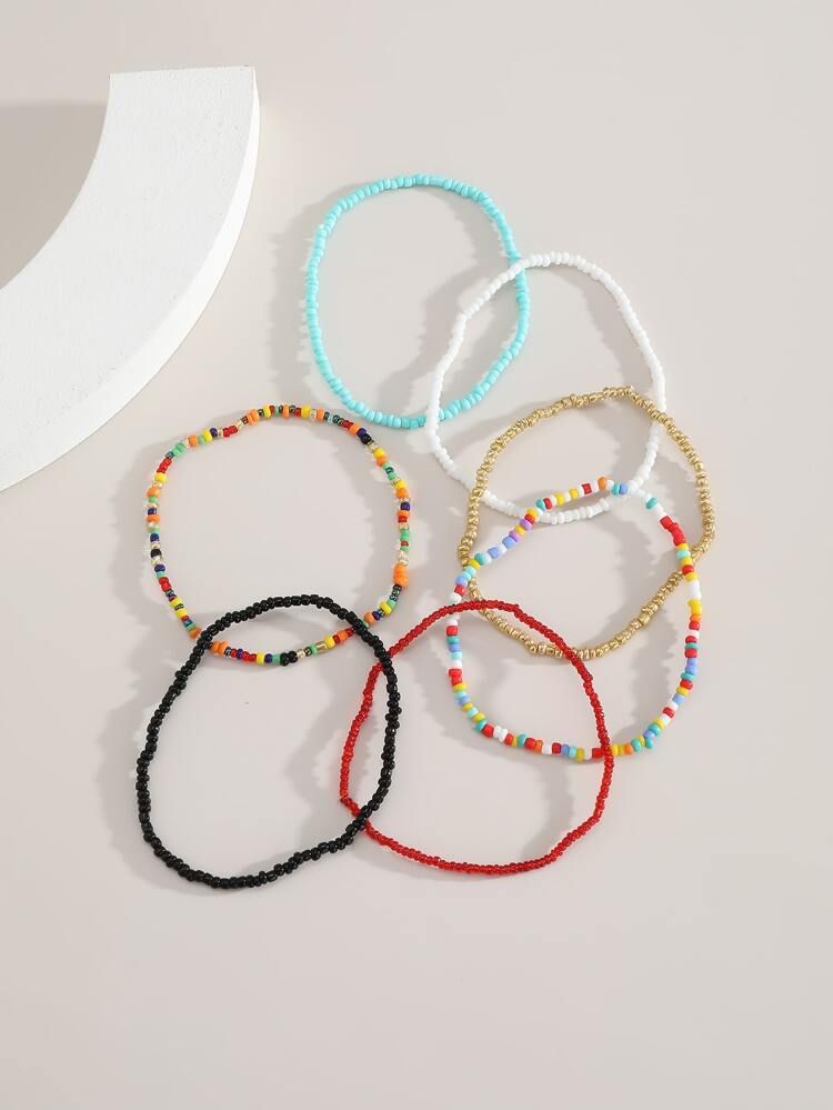 7pcs Colorful Beaded Anklet | SHEIN