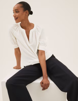 V-Neck Puff Sleeve Popover Blouse | M&S Collection | M&S | Marks & Spencer (UK)