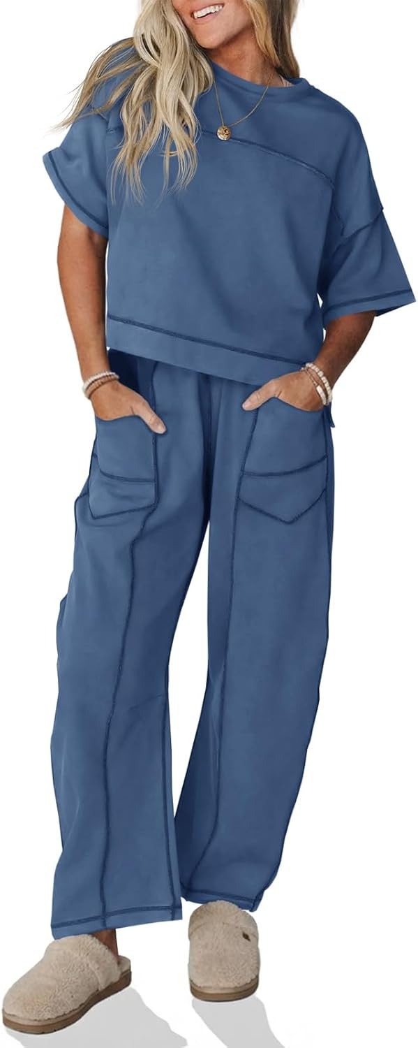 Fisoew Womens 2 Piece Outfits Lounge Sets Short Sleeve Tops and Wide Leg Pants Travel Vacation Casual Matching Sets | Amazon (US)