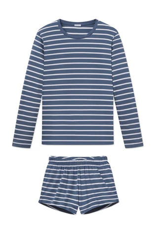 Pima Crew Long-Short Set in Sea Depth Anchor Stripe | Lake Pajamas