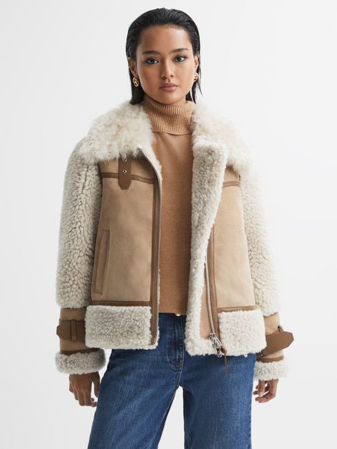 Reiss Neutral Asher Suede Sheepskin Zip-Through Jacket | Reiss US
