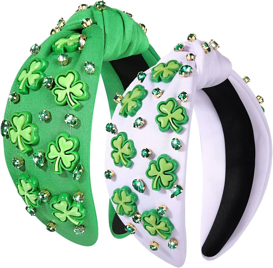 2 Count St. Patrick's Day Headband, Green Shamrock Embellished Crystal Rhinestone Knotted Headban... | Amazon (US)