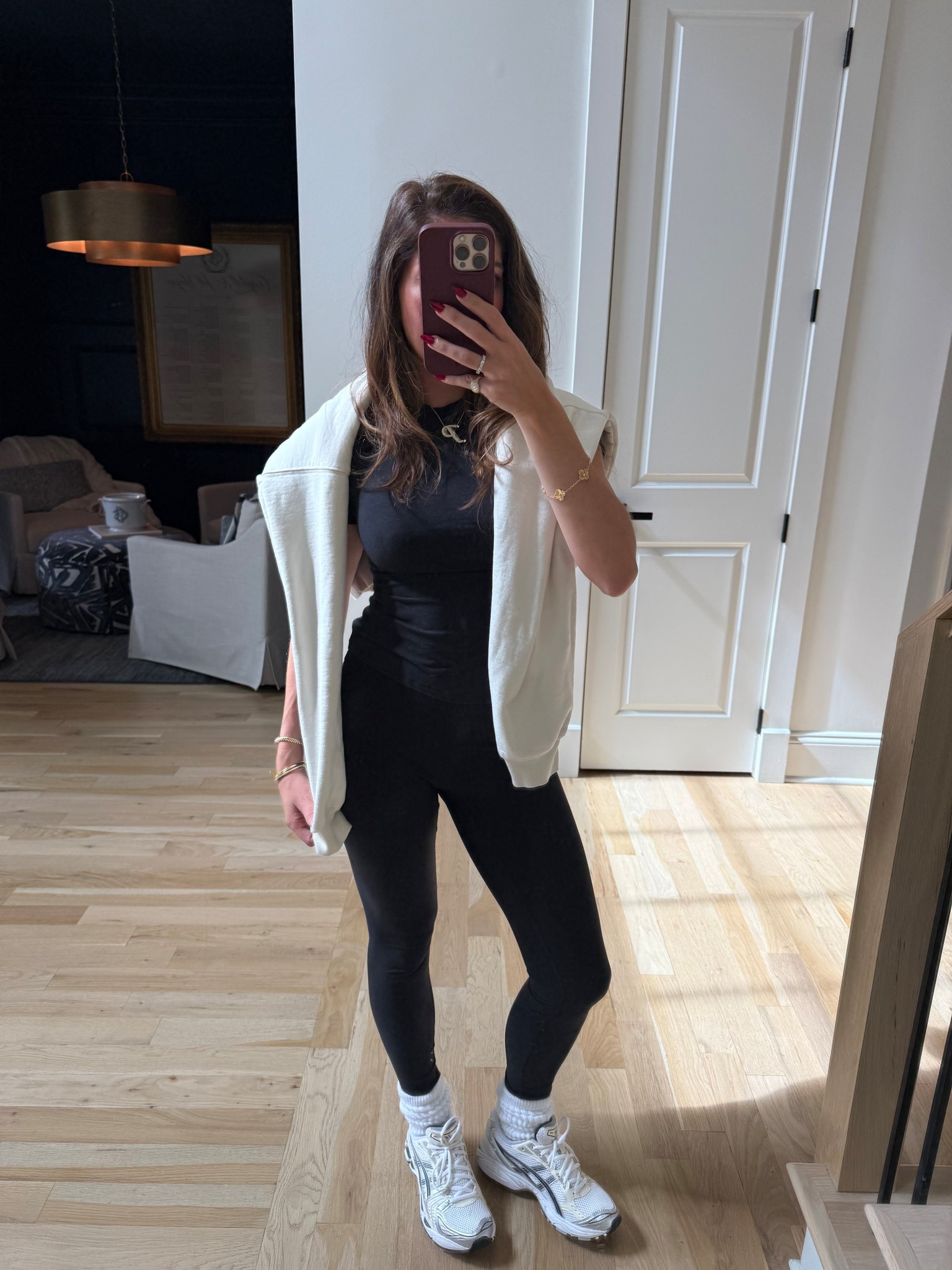 Casual OOTD errands lunch with friends athleisure skims 437 ep jewels velvet caviar ASICS hue amazon socks