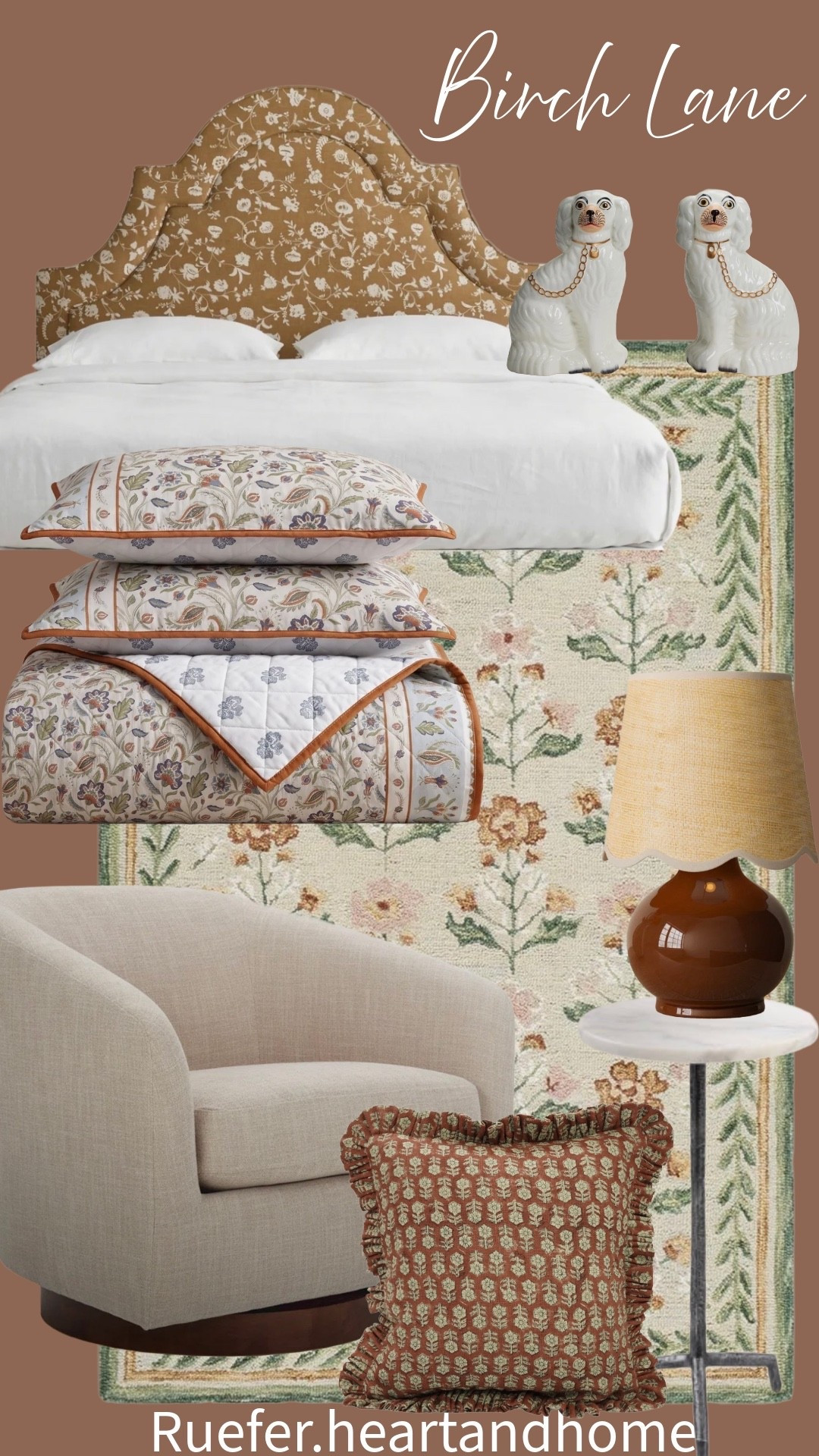 Sharing a little cozy, cottage style bedroom inspo. Wool floral rug, upholstered floral headboard, table lamp with scallop lampshade, swivel linen barrel chair, side table, marble accent table, quilt set, reversible quilt, pillow

#LTKSeasonal #LTKHome #LTKSaleAlert