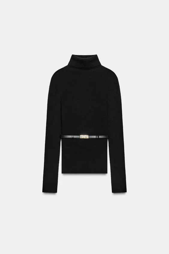 Plain knit jumper with main fabric made of 100% wool yarn. High collar and long sleeves. Thin bel... | Zara US
