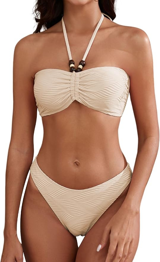 Amazon.com: ZAFUL Women's Halter Bandeau Bikini Beaded Tie Back String Bikini Set Push Up Two Pie... | Amazon (US)