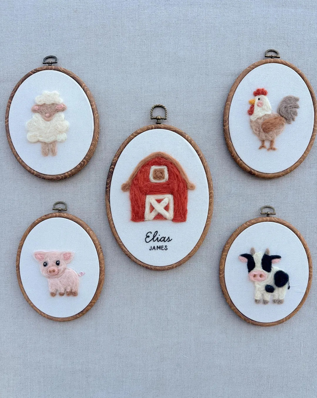 Farm Animal Nursery Decor Set – Needle Felt Hoop Art – Barn, Cow, Pig, Sheep, Rooster – Per... | Etsy (US)