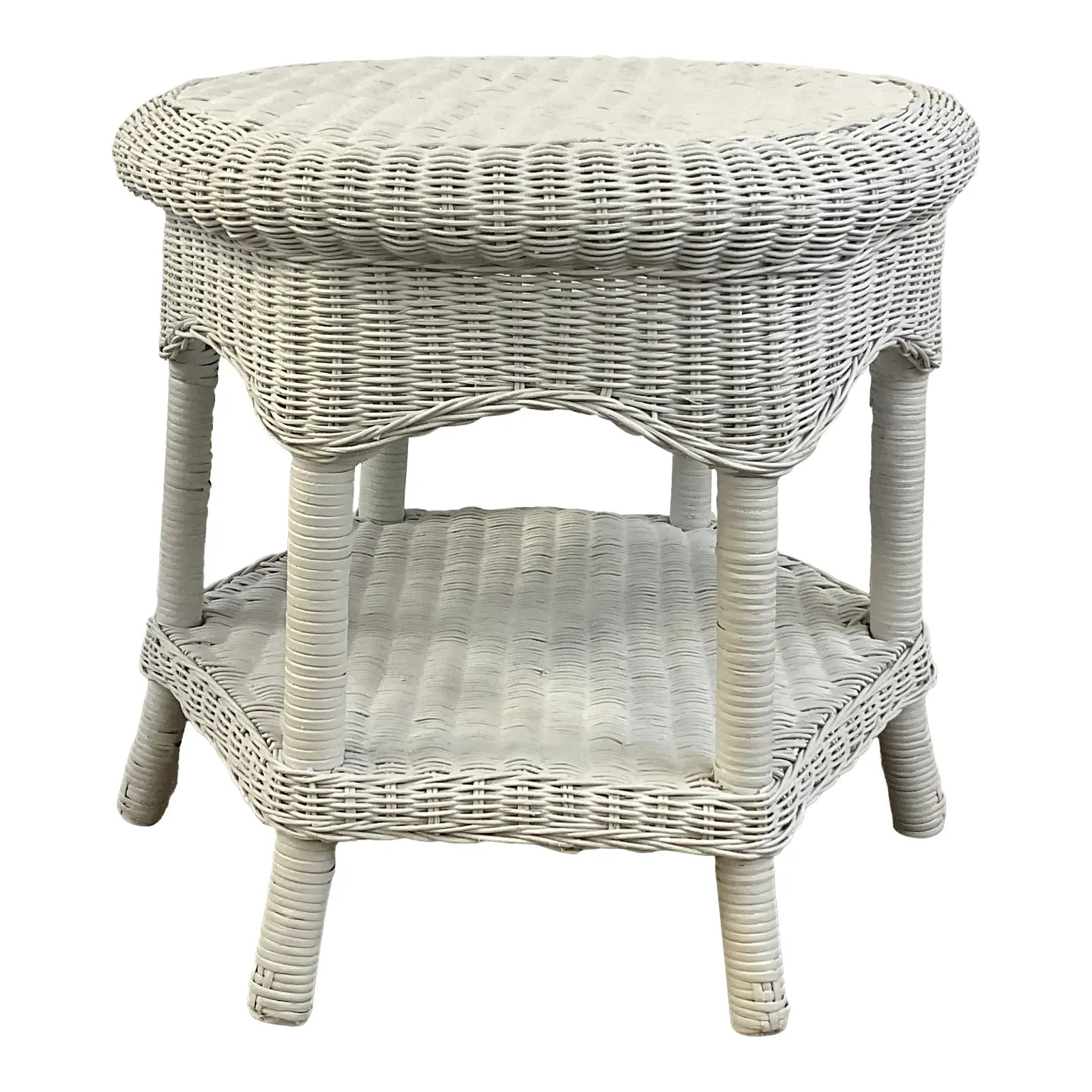 Vintage Coastal Chic Six-Leg Wicker Side Table With Scalloped Apron After Heywood-Wakefield | Chairish