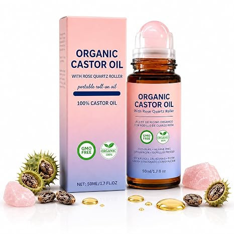 Organic Castor Oil Roll On with Rose Quartz Roller, 100% Pure Cold Pressed Hexane Free, 1.7 fl oz... | Amazon (US)