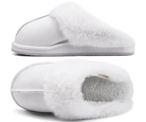 KuaiLu Womens Wedding Slippers, Fluff Dual Memory Foam Ladies Cozy Arch Support Warm Scuff Slippers Slip on Comfy Winter House Shoes with Non-Slip Indoor Outdoor Hard Sole Snow White 7 | Amazon (US)