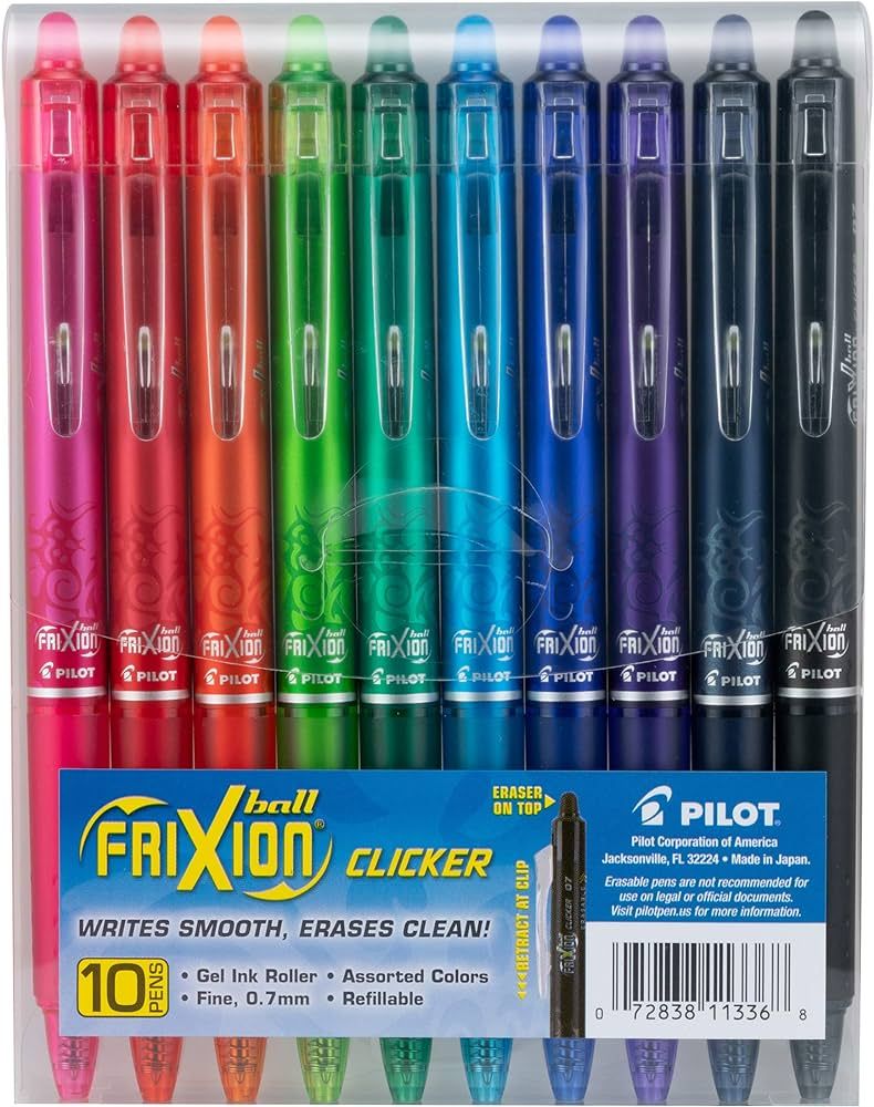 Pilot, FriXion Clicker Erasable Gel Pens, Fine Point 0.7 mm, Pack of 10, Assorted Colors | Amazon (US)