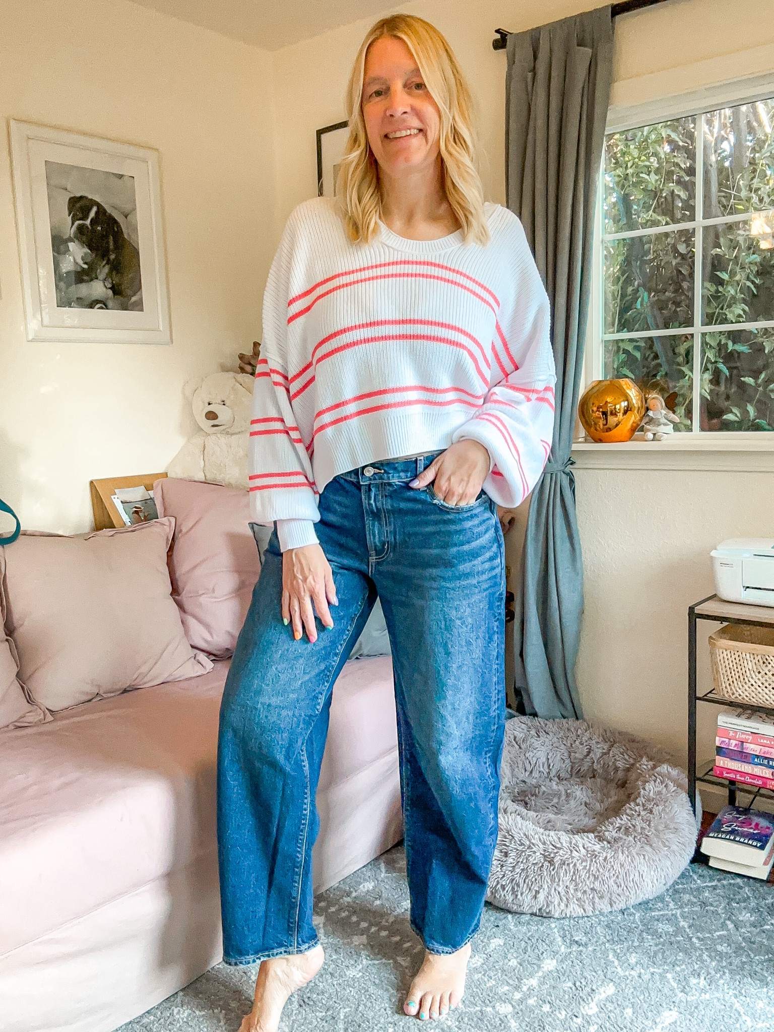 Those barrel jeans are super comfy to wear. 
I would size down one size in them 

too large 
jeans 12 long 



#LTKOver40 #LTKStyleTip #LTKFindsUnder50