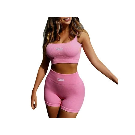 Women s Ribbed Workout Set Active 2 Pieces Outfits High Waist Yoga Shorts Leggings with Crop Top Spo | Walmart (US)