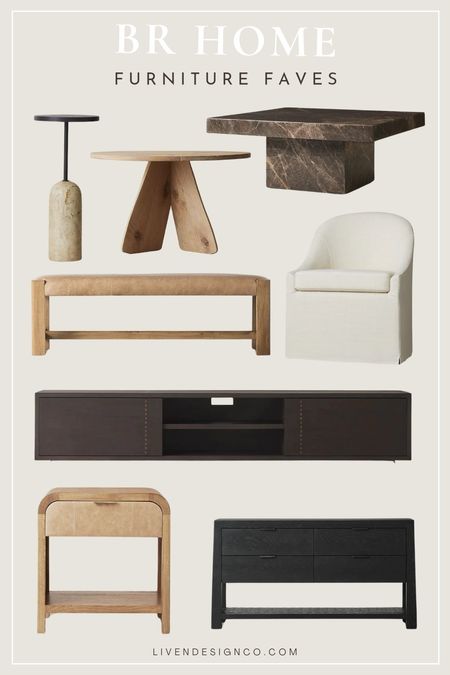 BR Home. Banana Republic furniture. modern furniture.  Marble coffee table. leather bench. Nightstand. Curved upholstered dining chair. media console. Entertainment cabinet. sideboard. round rustic dining table. travertine side table. Stone table. Accent table. 

#LTKSeasonal #LTKhome #LTKstyletip