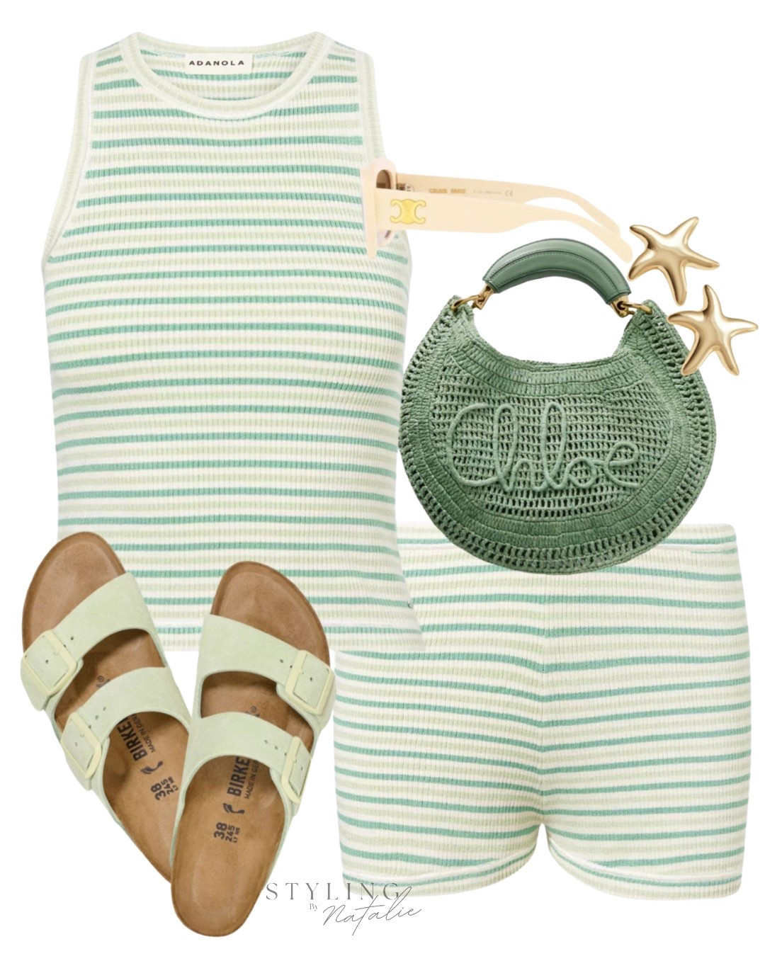 Summer co-ord set, green stripe top and shorts, Chloe raffia bag, Birkenstock sandals, starfish earrings and Celine sunglasses. Vacation outfit, holiday outfit, casual style. Summer outfit 

#LTKsummer #LTKstyletip #LTKshoes